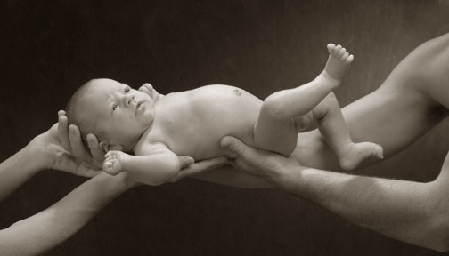 baby newborn studio portraits contemporary black and white, B&W, Sepia toned, naked baby, parents interactive