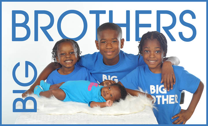 Afro American boys with baby brother in studio contemporary hi key portrait