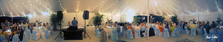 Panorama photo, Hilton Longboat Key, Florida Wedding reception in tent on beach