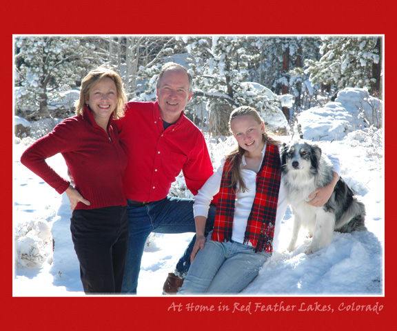 family in snow in Red Feather Lakes, CO, photographer going on location