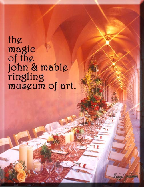 Tables ready for the wedding feast in the courtyard at the Ringling Museum of Art